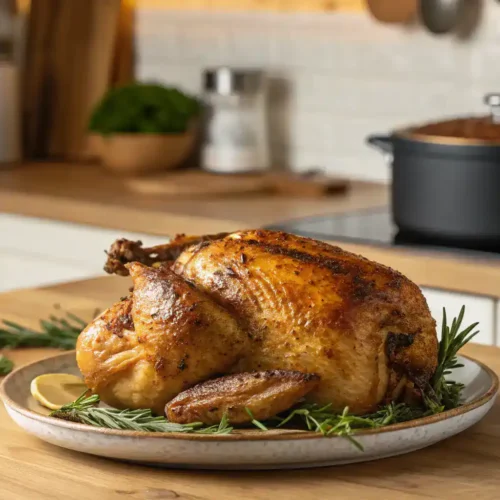 A beautifully plated air fryer roast chicken with crispy skin and herbs.