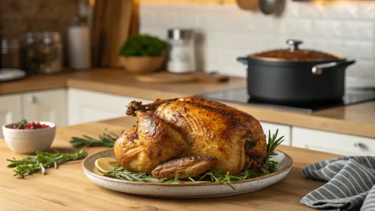 A beautifully plated air fryer roast chicken with crispy skin and herbs.
