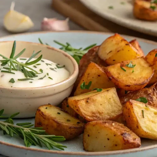 A plate of air fryer roast potatoes served with garlic aioli.