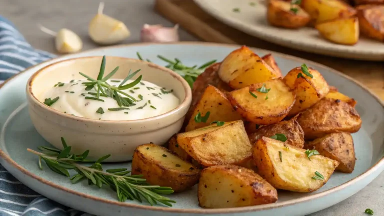 A plate of air fryer roast potatoes served with garlic aioli.