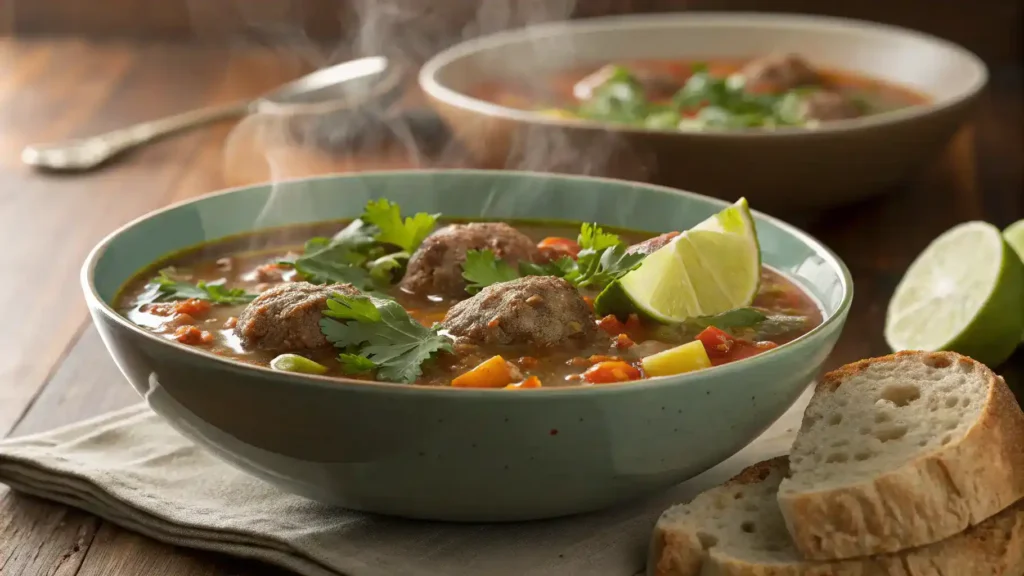 A steaming bowl of Albondigas Soup garnished with cilantro and lime.