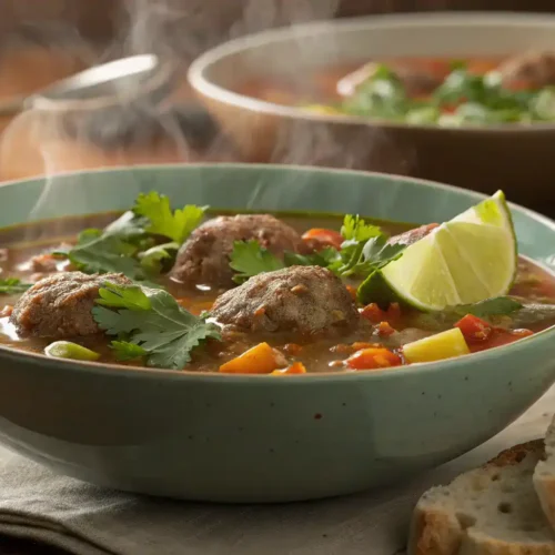 A steaming bowl of Albondigas Soup garnished with cilantro and lime.