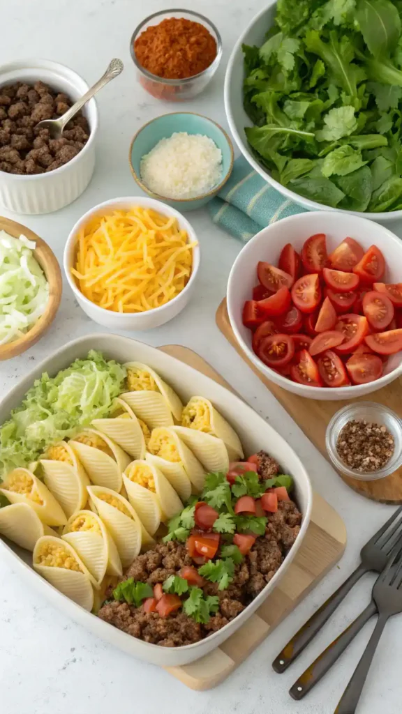 Ingredients for Taco Stuffed Shells including jumbo pasta shells, ground turkey, taco seasoning, black beans, corn, and cheese.