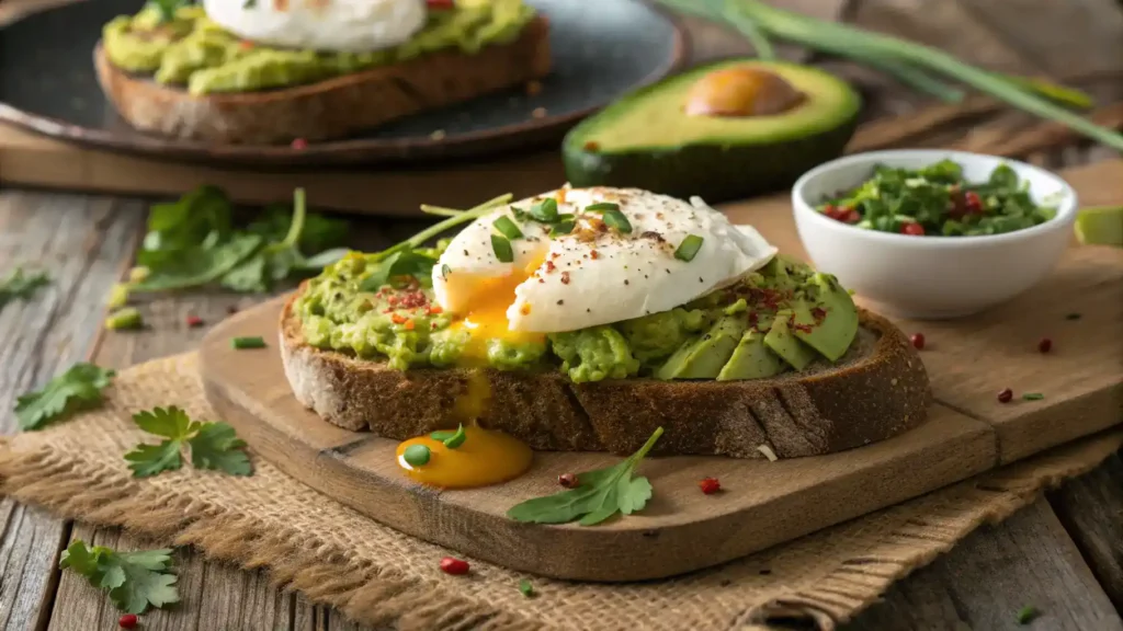 A beautifully plated Avocado Toast with Egg, garnished with herbs.