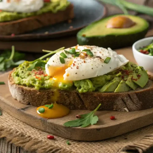 A beautifully plated Avocado Toast with Egg, garnished with herbs.