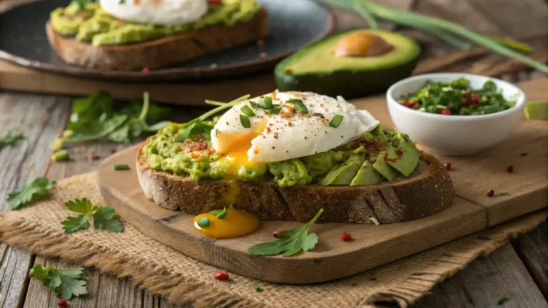 A beautifully plated Avocado Toast with Egg, garnished with herbs.