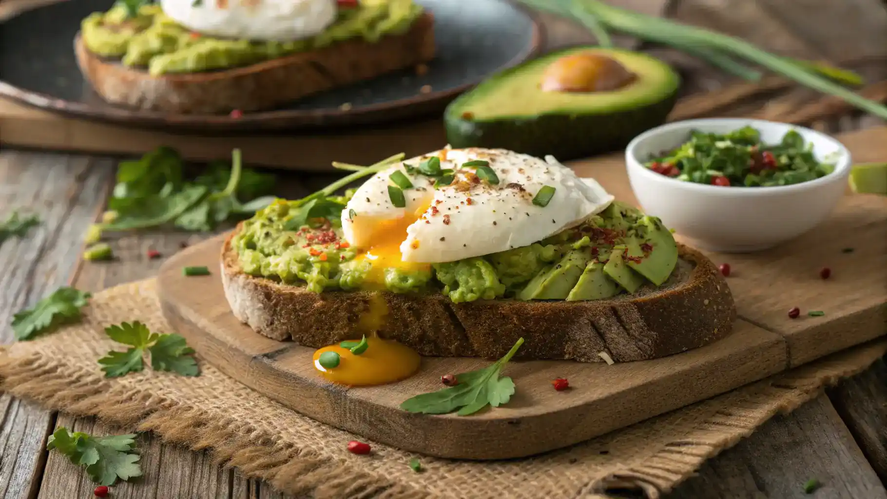 A beautifully plated Avocado Toast with Egg, garnished with herbs.