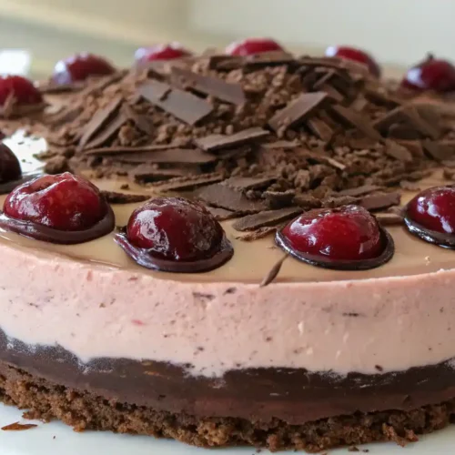 A beautifully decorated Black Forest Cheesecake with cherries and chocolate shavings on top.