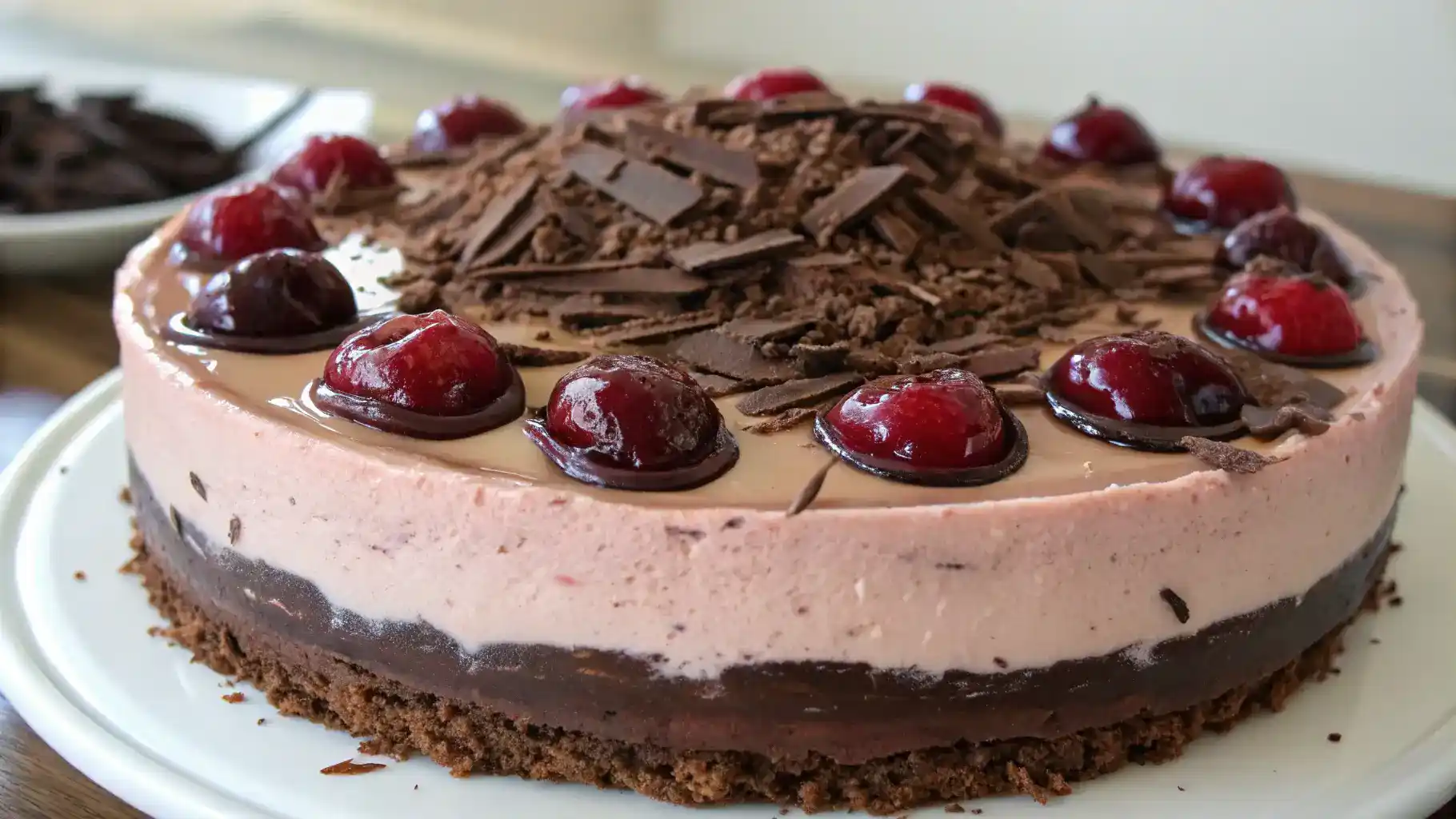 A beautifully decorated Black Forest Cheesecake with cherries and chocolate shavings on top.