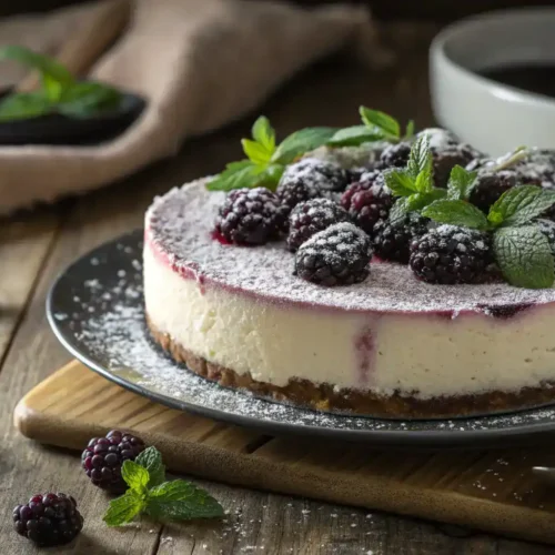 A beautifully plated blackberry cheesecake with fresh blackberries and mint leaves.