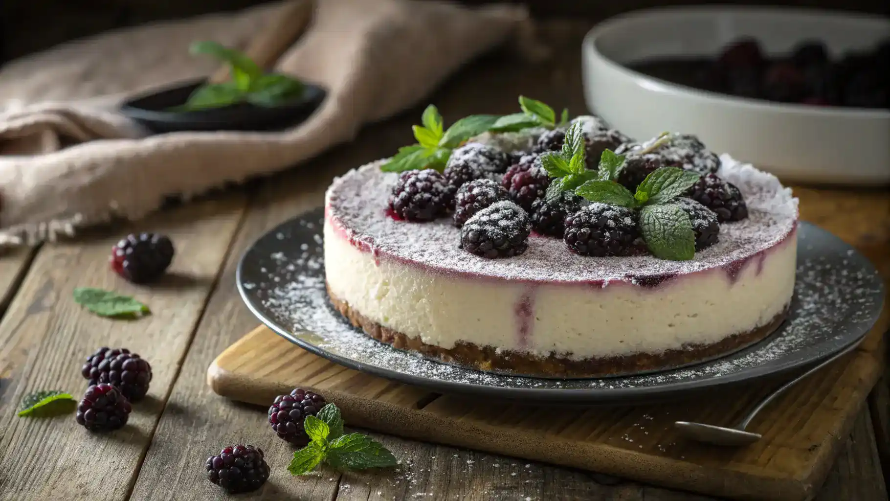 A beautifully plated blackberry cheesecake with fresh blackberries and mint leaves.