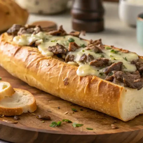Freshly baked Cheesesteak Garlic Bread with melted cheese and savory filling.