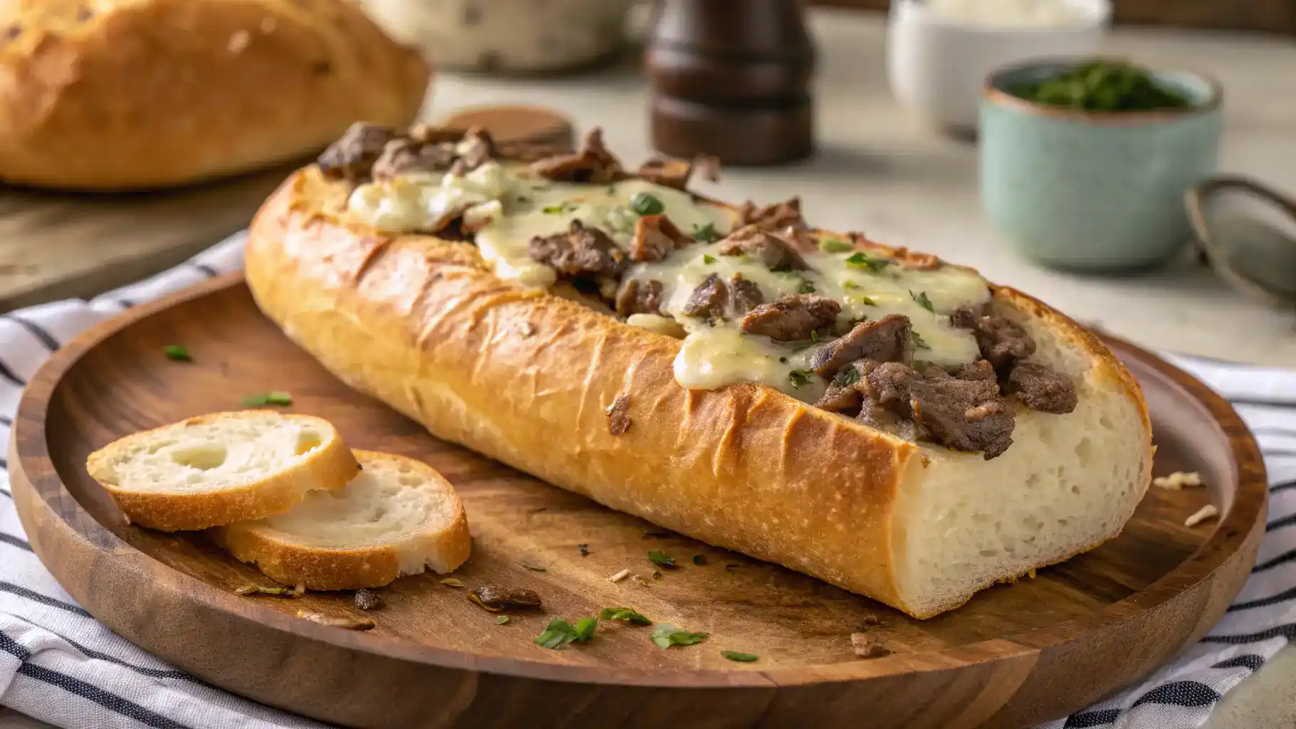 Freshly baked Cheesesteak Garlic Bread with melted cheese and savory filling.