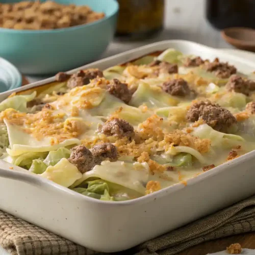 A deliciously baked Cheesy Cabbage Beef Casserole, golden brown and bubbling with melted cheese.