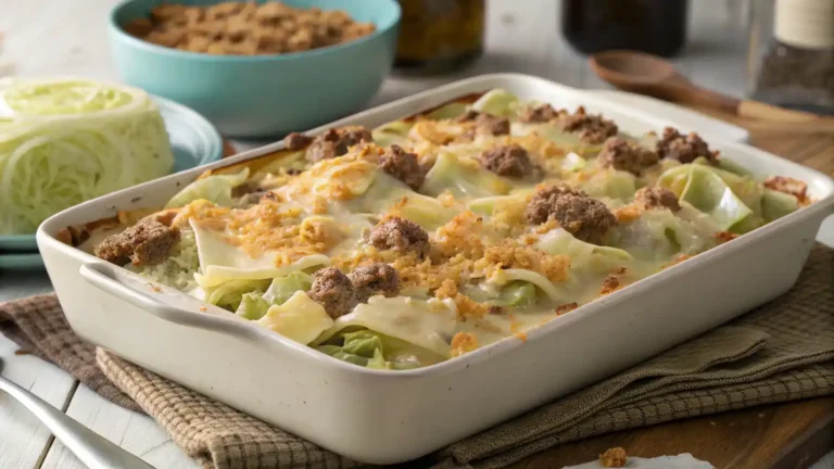 A deliciously baked Cheesy Cabbage Beef Casserole, golden brown and bubbling with melted cheese.