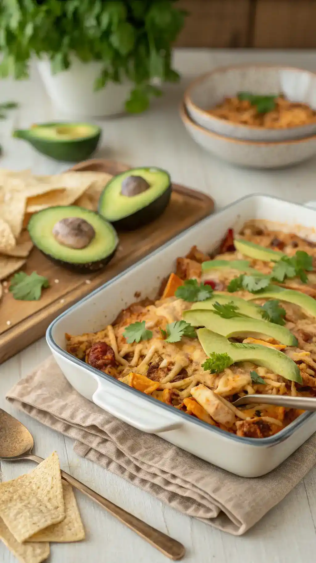 A beautifully plated Chicken Taco Casserole garnished with cilantro and avocado.