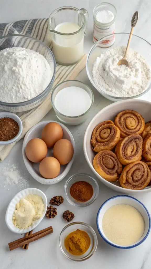 All ingredients for cinnamon roll cake displayed on a kitchen counter.