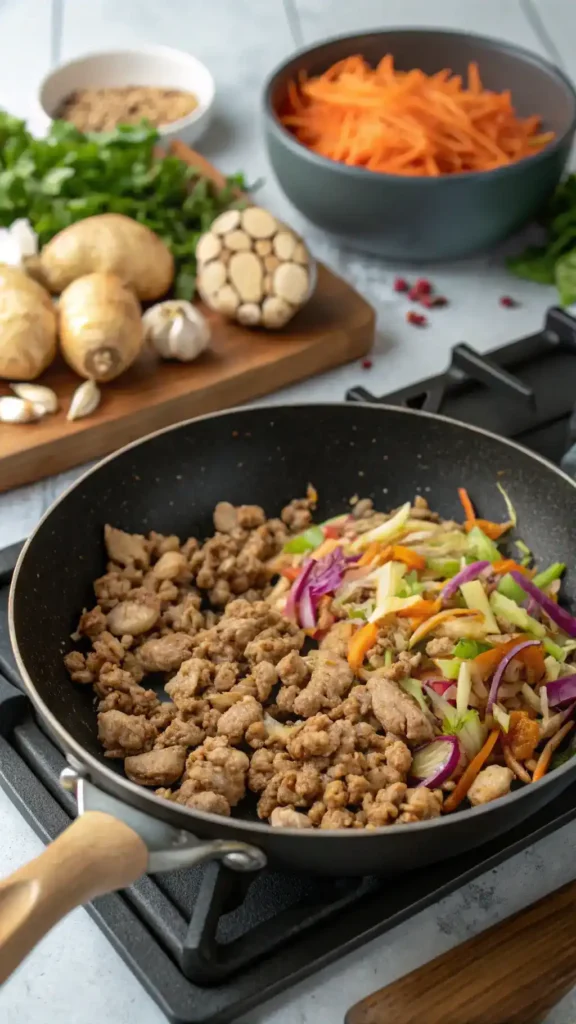 A skillet with ground turkey, garlic, and ginger sautéing, with a bowl of coleslaw mix nearby.