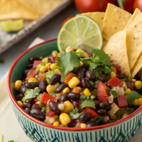 A bowl of Cowboy Caviar garnished with cilantro and lime, served with tortilla chips.