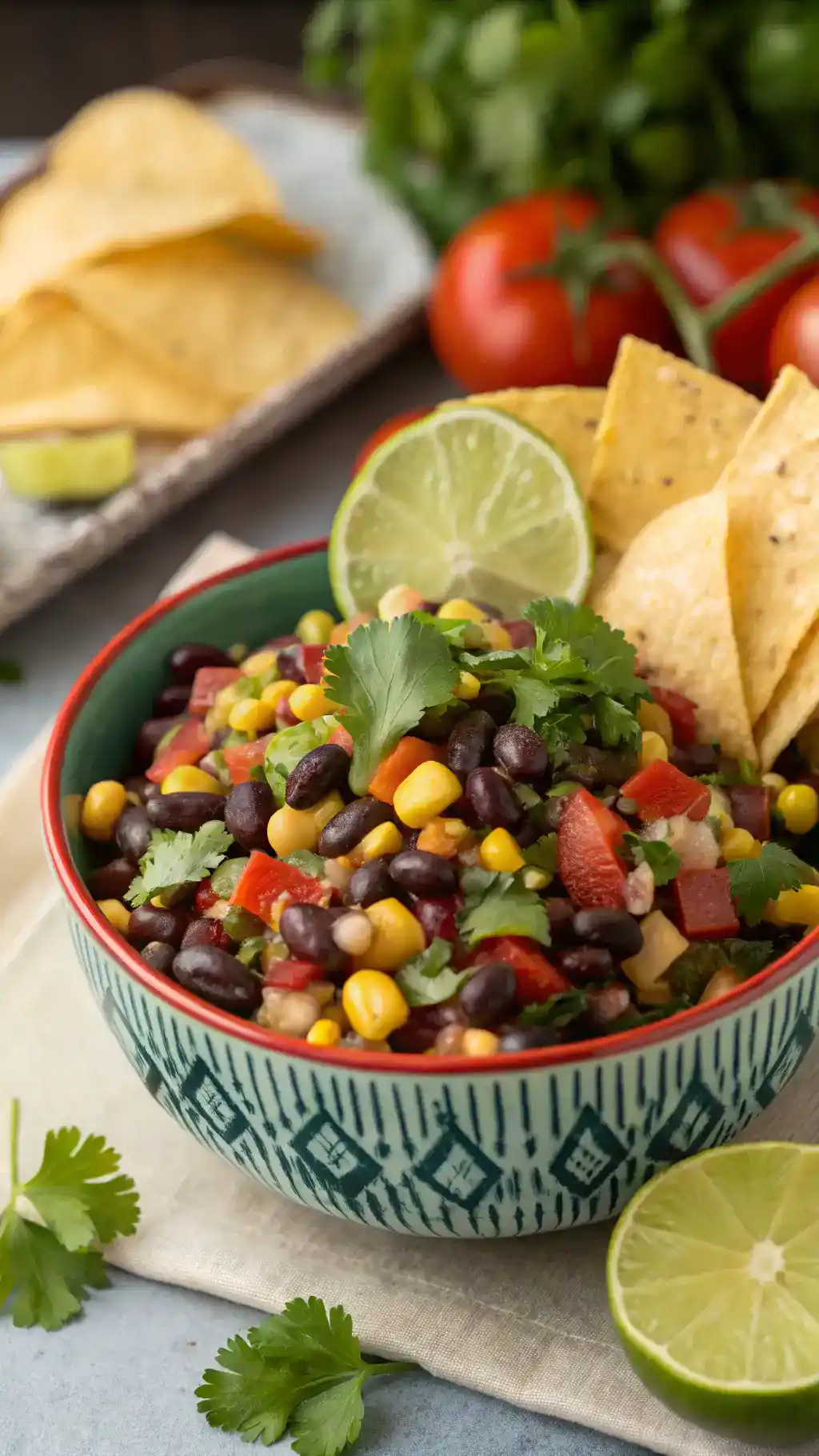 A bowl of Cowboy Caviar garnished with cilantro and lime, served with tortilla chips.