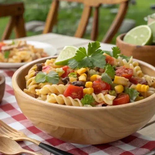 Delicious Cowboy Pasta Salad served in a rustic bowl.