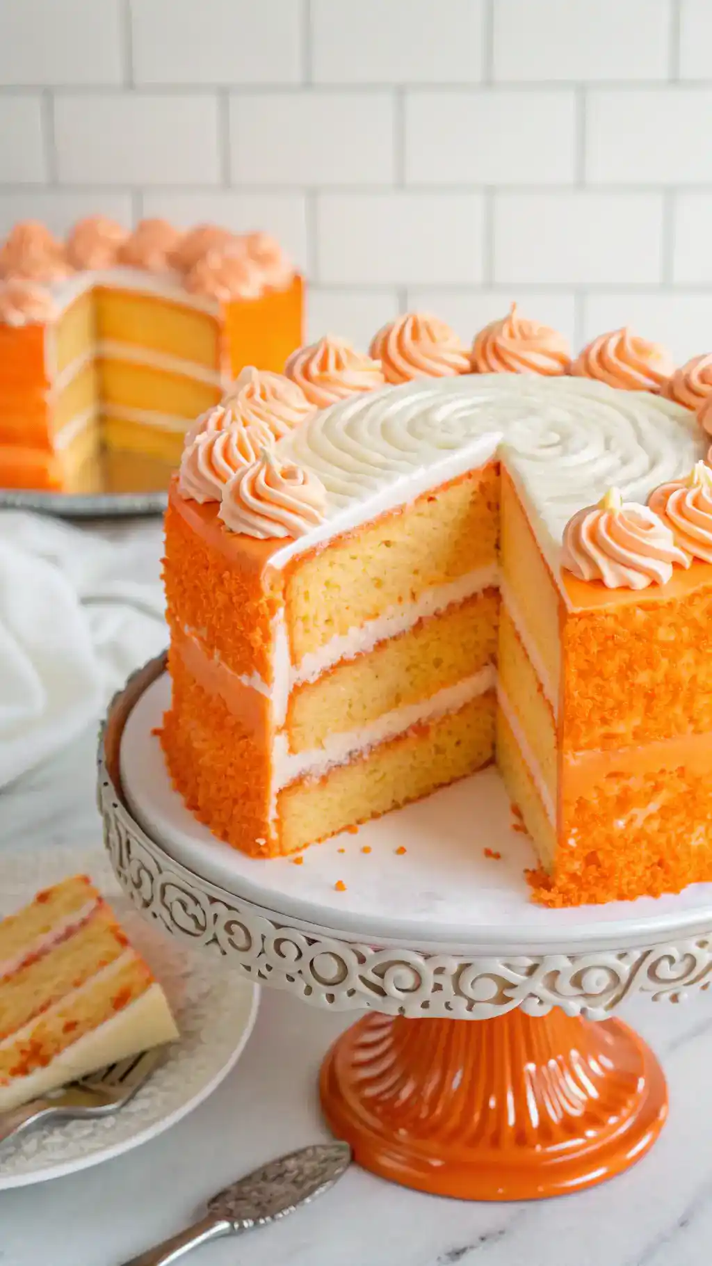A beautifully frosted Creamsicle Cake on a decorative stand.