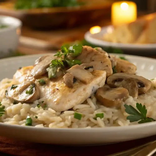 A delicious plate of Creamy Chicken and Mushrooms served over rice.