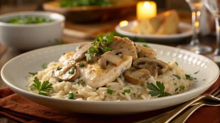 A delicious plate of Creamy Chicken and Mushrooms served over rice.