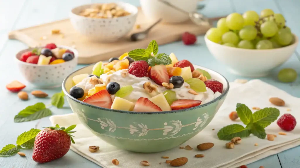 A beautifully presented creamy fruit salad in a large bowl, garnished with mint leaves.
