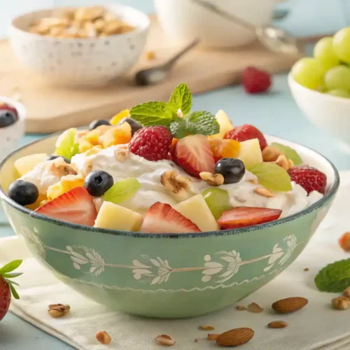 A beautifully presented creamy fruit salad in a large bowl, garnished with mint leaves.