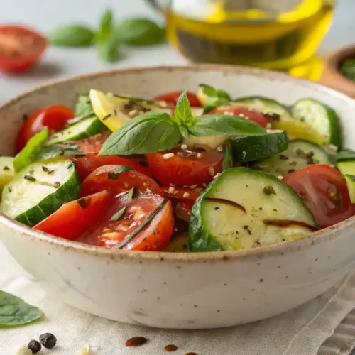A beautifully presented Cucumber Tomato Salad in a bowl, garnished with herbs.