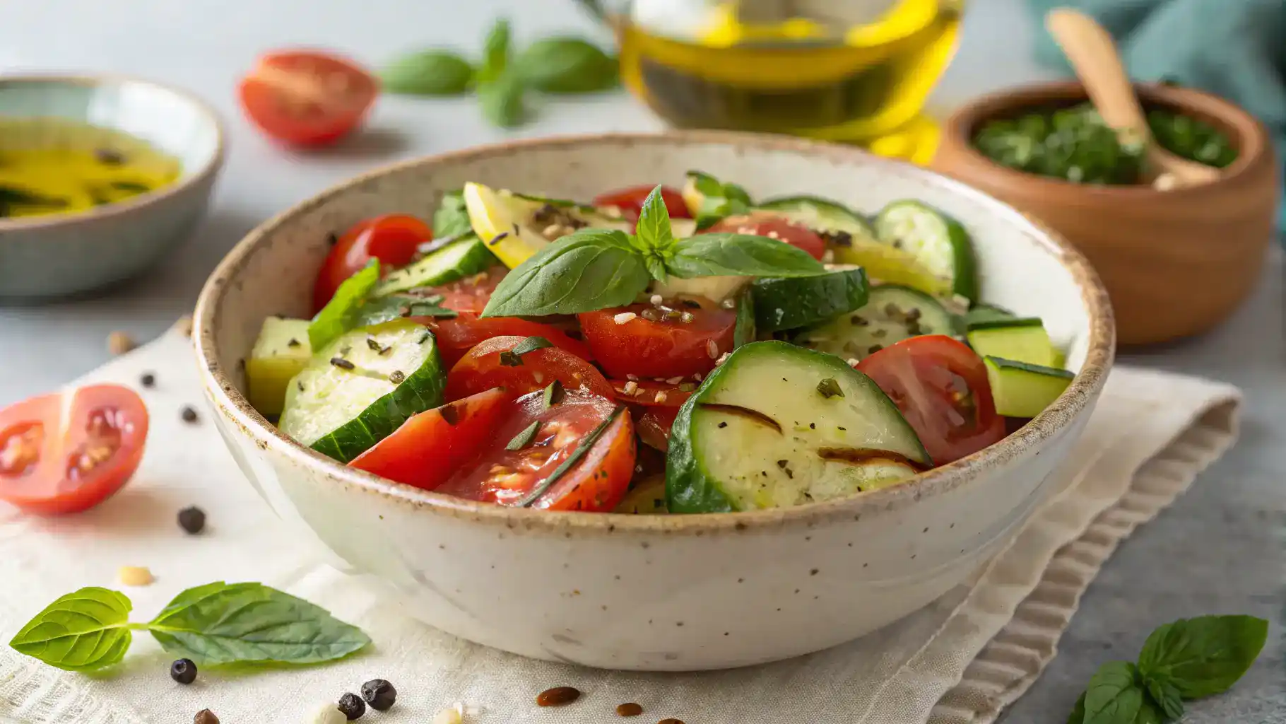 A beautifully presented Cucumber Tomato Salad in a bowl, garnished with herbs.