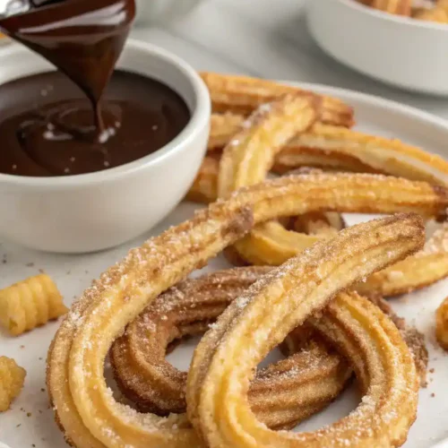 Freshly made air fryer churros served with chocolate sauce.