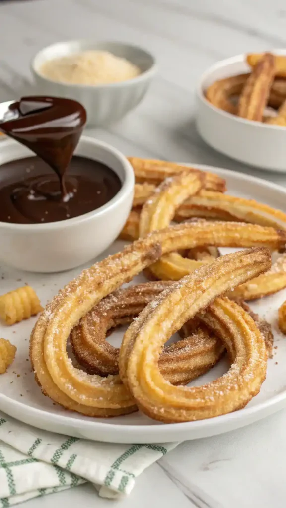 Freshly made air fryer churros served with chocolate sauce.
