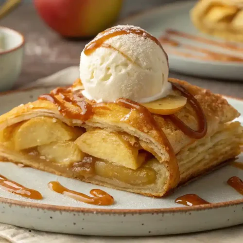 Create a mouth-watering image of a freshly baked apple puff pastry, golden brown and flaky, served on a plate with a scoop of vanilla ice cream.