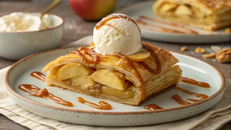 Create a mouth-watering image of a freshly baked apple puff pastry, golden brown and flaky, served on a plate with a scoop of vanilla ice cream.