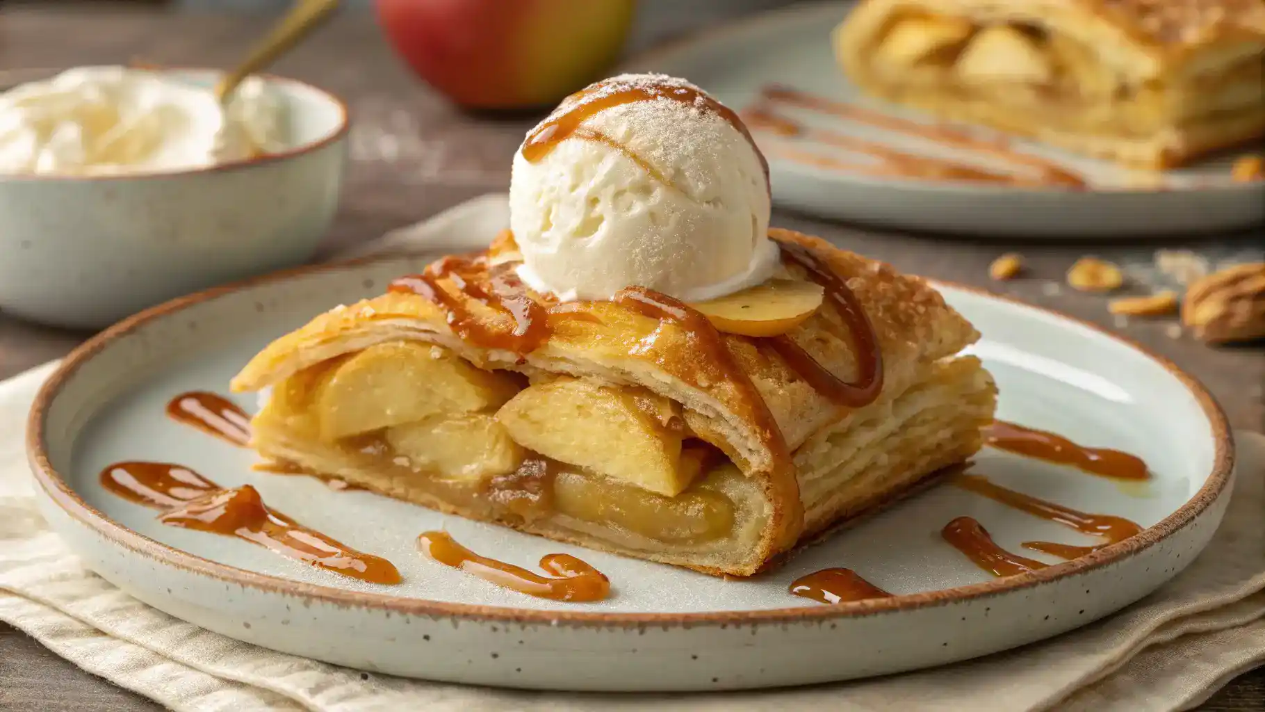 Create a mouth-watering image of a freshly baked apple puff pastry, golden brown and flaky, served on a plate with a scoop of vanilla ice cream.