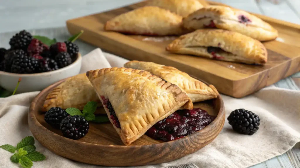 Freshly baked blackberry turnovers served on a plate.