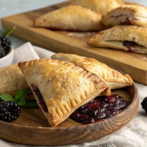 Freshly baked blackberry turnovers served on a plate.