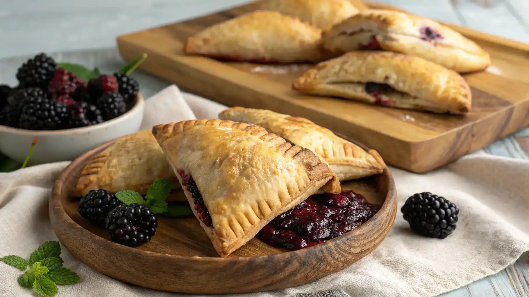 Freshly baked blackberry turnovers served on a plate.