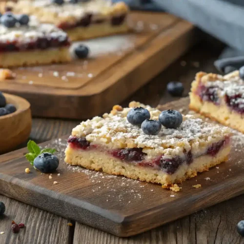 Create a realistic image of freshly baked BlueBerry Streusel Bars on a rustic wooden table, garnished with fresh blueberries and a sprinkle of powdered sugar.