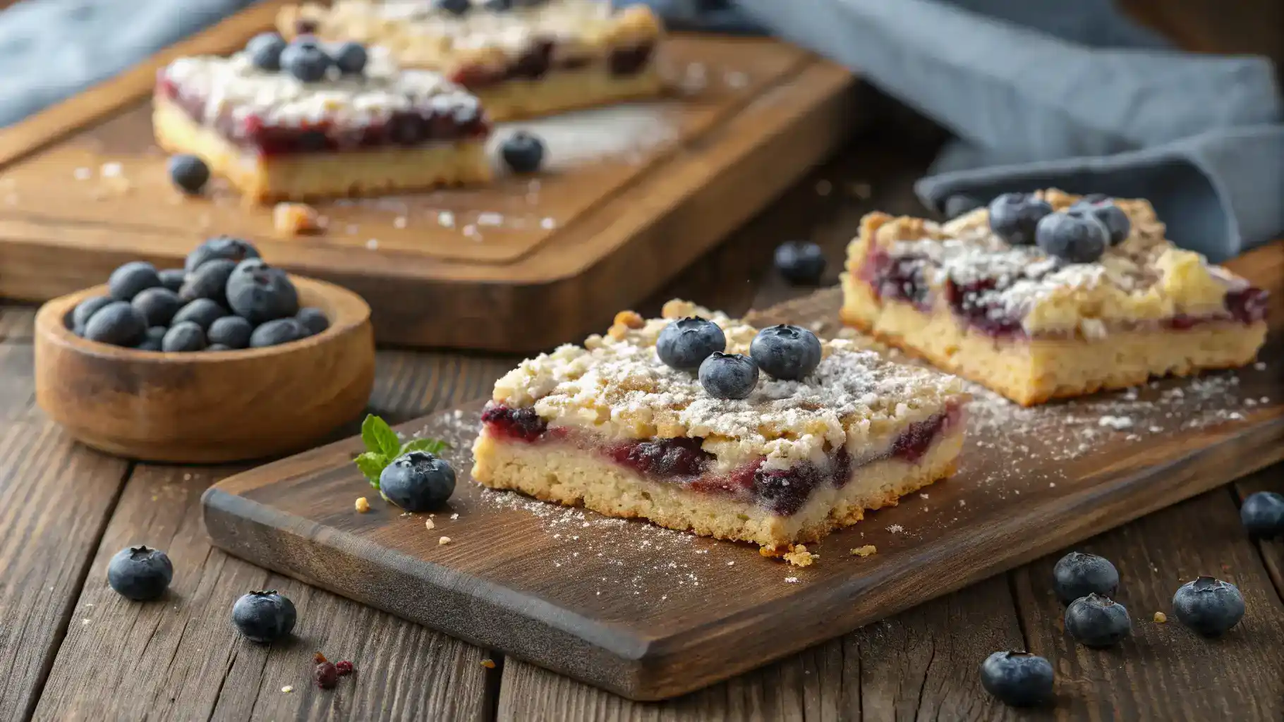 Create a realistic image of freshly baked BlueBerry Streusel Bars on a rustic wooden table, garnished with fresh blueberries and a sprinkle of powdered sugar.