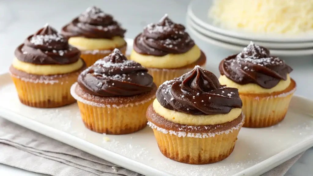 Delicious Boston Cream Pie Cupcakes topped with chocolate ganache and filled with pastry cream.
