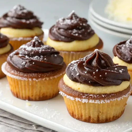 Delicious Boston Cream Pie Cupcakes topped with chocolate ganache and filled with pastry cream.