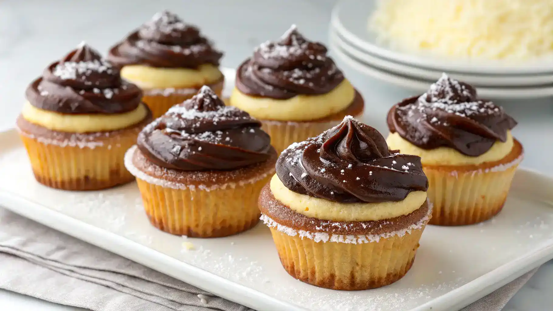 Delicious Boston Cream Pie Cupcakes topped with chocolate ganache and filled with pastry cream.