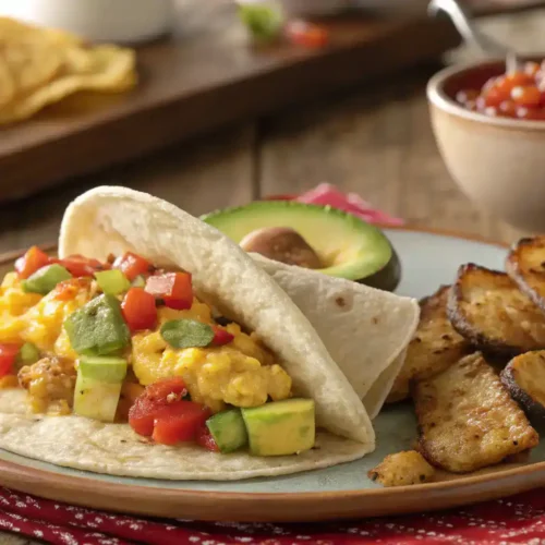 Plated breakfast tacos ready to serve