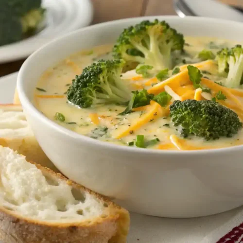 A bowl of Broccoli Cheese Soup garnished with cheese and herbs, served with crusty bread.