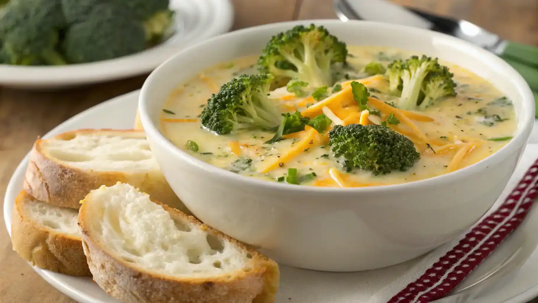 A bowl of Broccoli Cheese Soup garnished with cheese and herbs, served with crusty bread.
