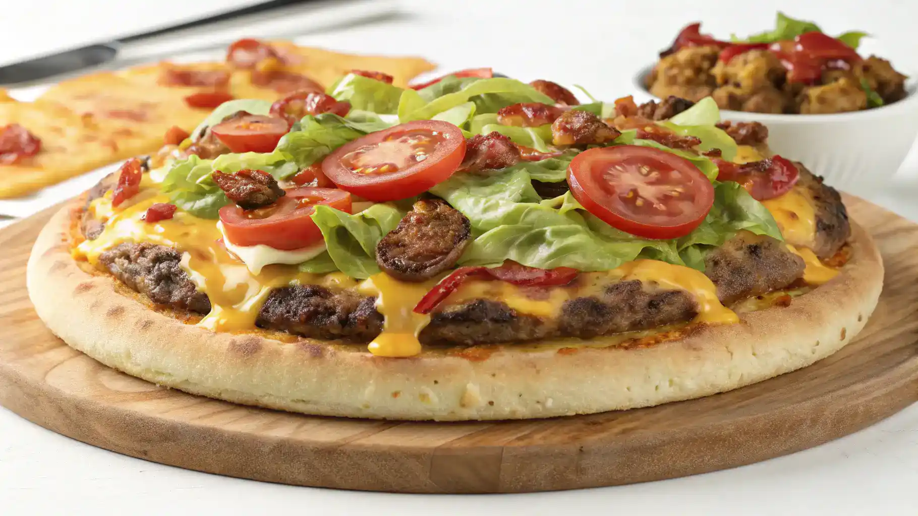 A freshly baked Cheeseburger Pizza with melted cheese and toppings.