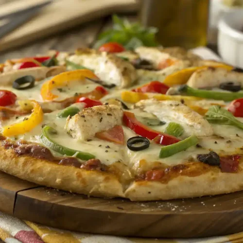 Delicious chicken crust pizza recipe topped with fresh ingredients.